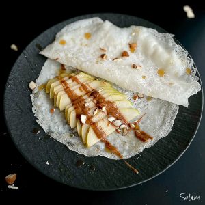Reis Crepes mit Apfel und Nusscreme
