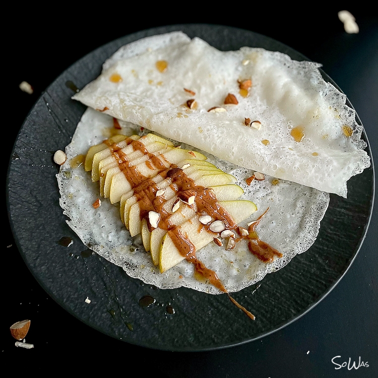 Reis Crepes mit Apfel und Nusscreme